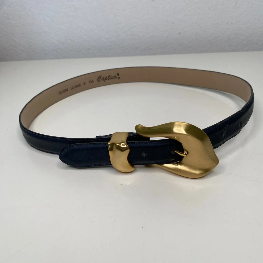 Captiva Navy Blue Genuine Leather‎ Belt Gold Sculptural Buckle Womens Small VTG?